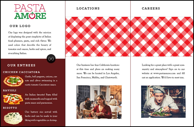 <p><strong>Pasta Amore Flyer</strong><br>Designed for COM-232 Desktop Publishing to show the inside of a threefold flyer for the Pasta Amore restaurant. Designed in Adobe InDesign.</p>