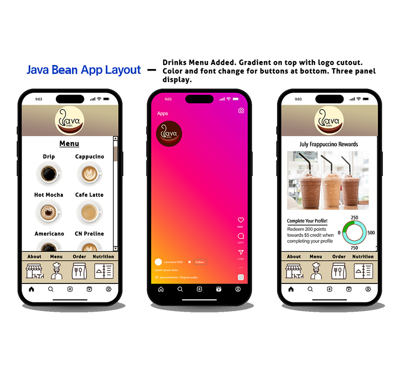 <p><strong>Java Been iPhone Mockup</strong><br>A iPhone mockup created to show two UI designs within a ficticious app for a coffee house and home screen icon.</p>